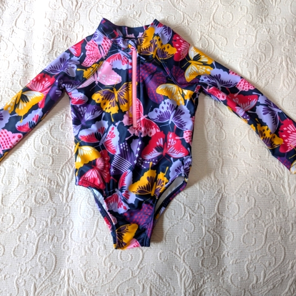 12M Purple, Yellow, Pink & Red Butterflies Long Sleeve Swimsuit w/ Zipper